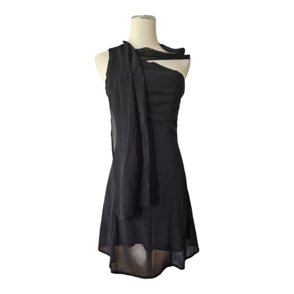 Commense Black One Shoulder Mini Dress Sewn‎ Scarf Wrap Size Small NWT Cocktail - Picture 2 of 9